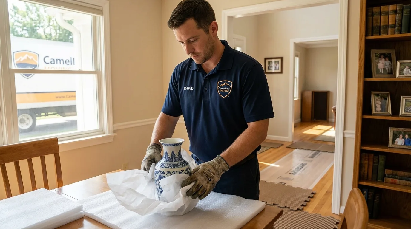 Professional crew carefully wrapping antique vase for senior downsizing move in Lyndhurst, VA